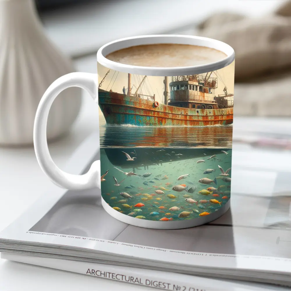 Rusty Fishing Trawler Above Colorful Underwater Fish – Mugs