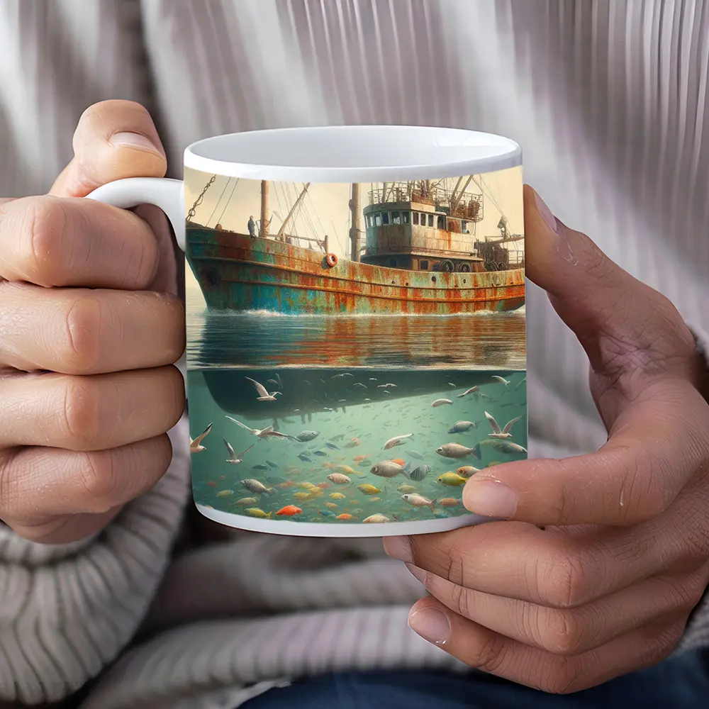 Rusty Fishing Trawler Above Colorful Underwater Fish – Mugs
