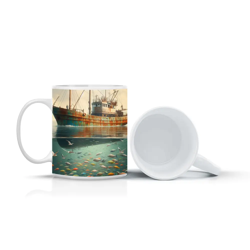 Rusty Fishing Trawler Above Colorful Underwater Fish – Mugs