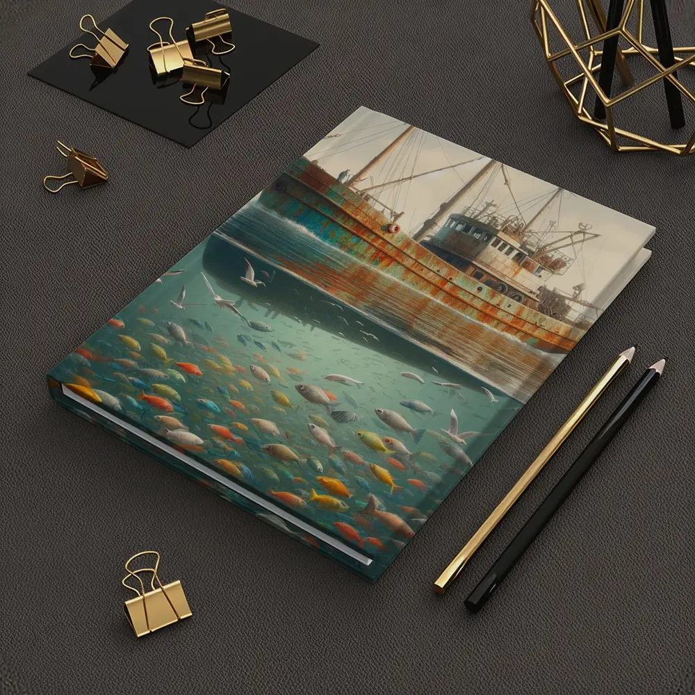 Rusty Fishing Trawler Above Colorful Underwater Fish – Notebooks