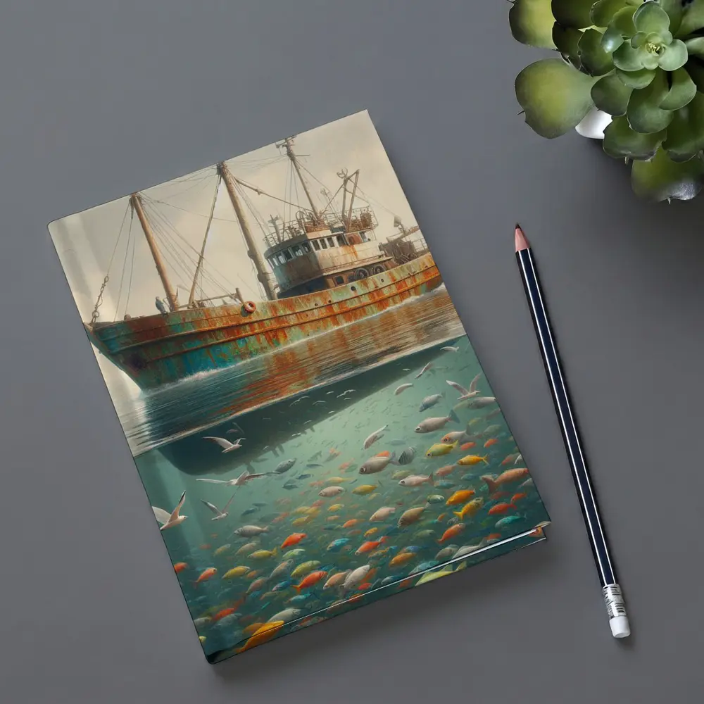 Rusty Fishing Trawler Above Colorful Underwater Fish – Notebooks