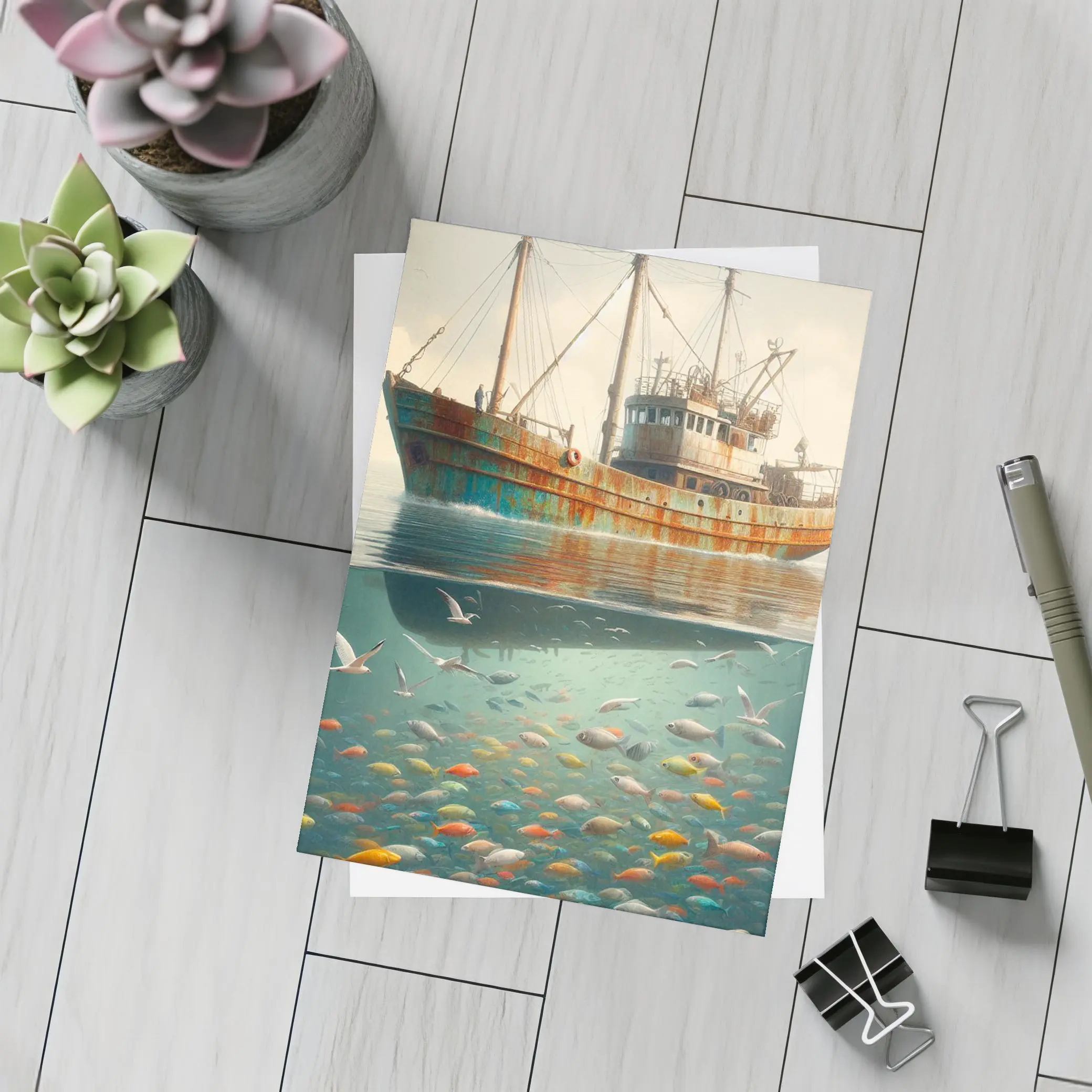 Rusty Fishing Trawler Above Colorful Underwater Fish – Postcards