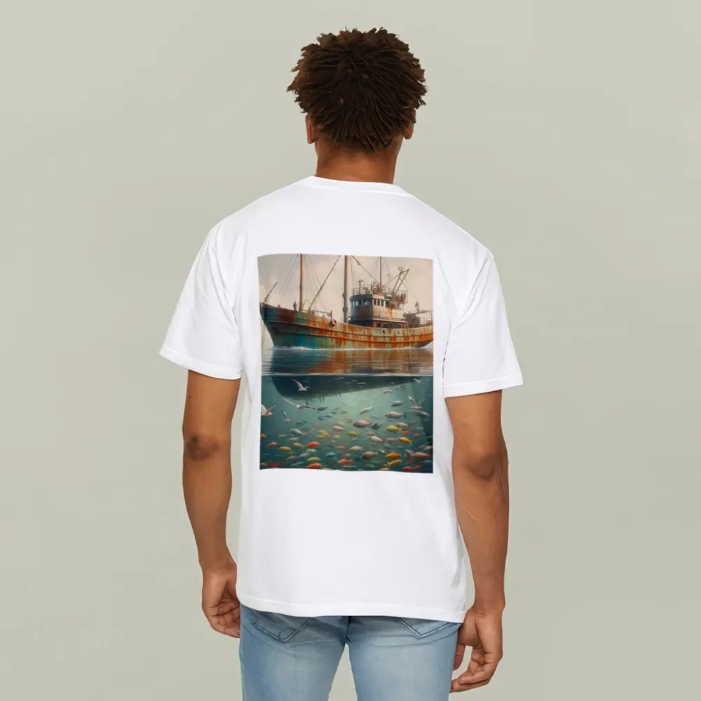 Rusty Fishing Trawler Above Colorful Underwater Fish – T-Shirts
