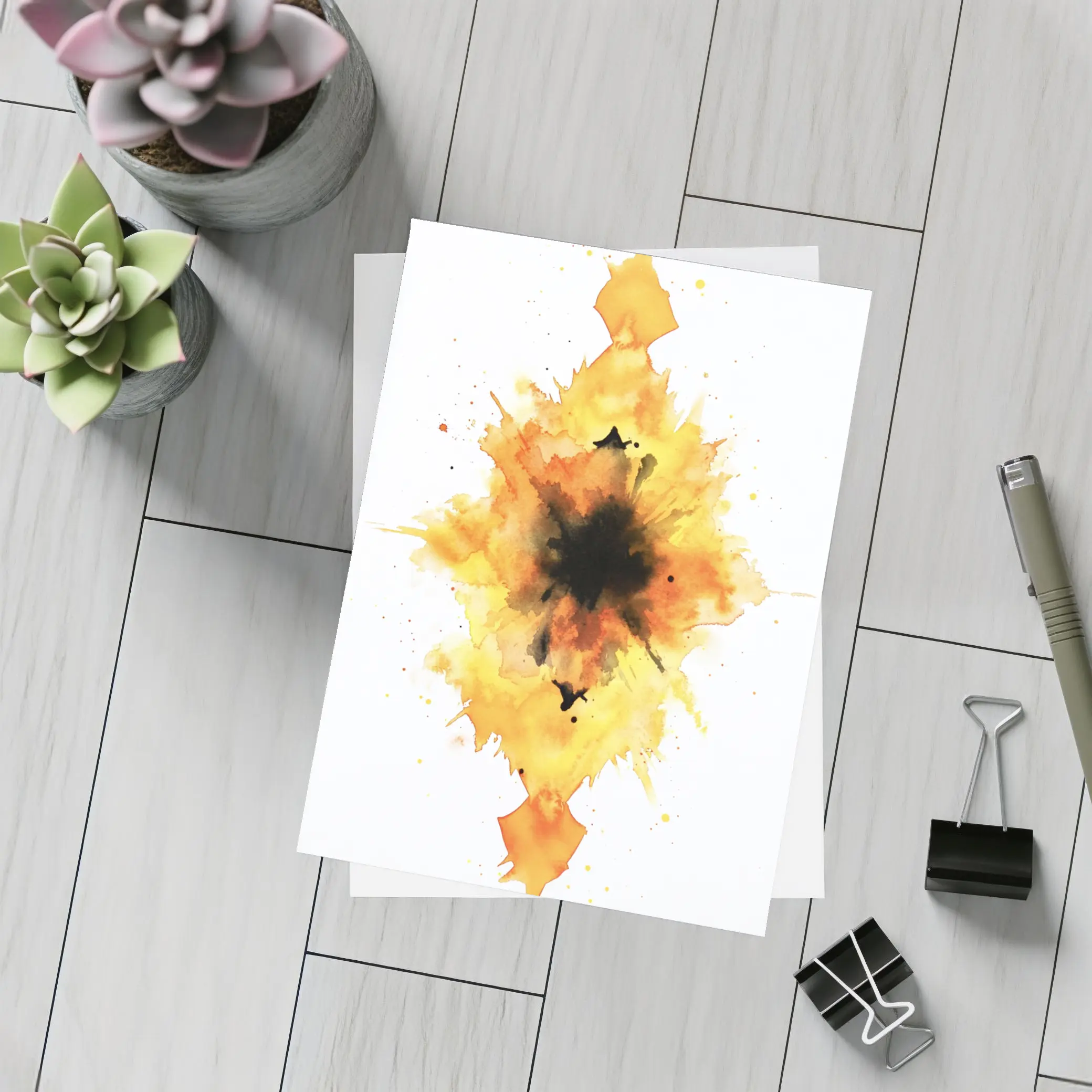 Fiery Watercolor Explosion Abstract Art Yellow – Postcards