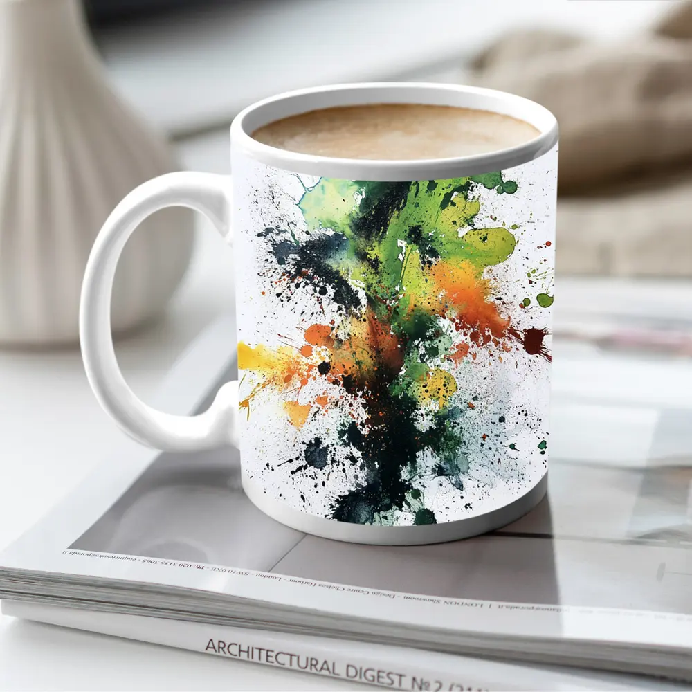 Green Orange Black Abstract Ink Splash Art – Mugs