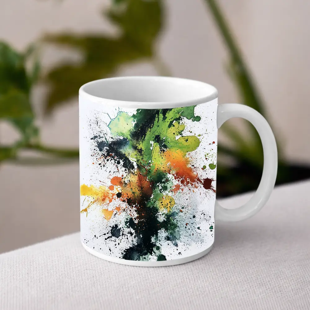 Green Orange Black Abstract Ink Splash Art – Mugs