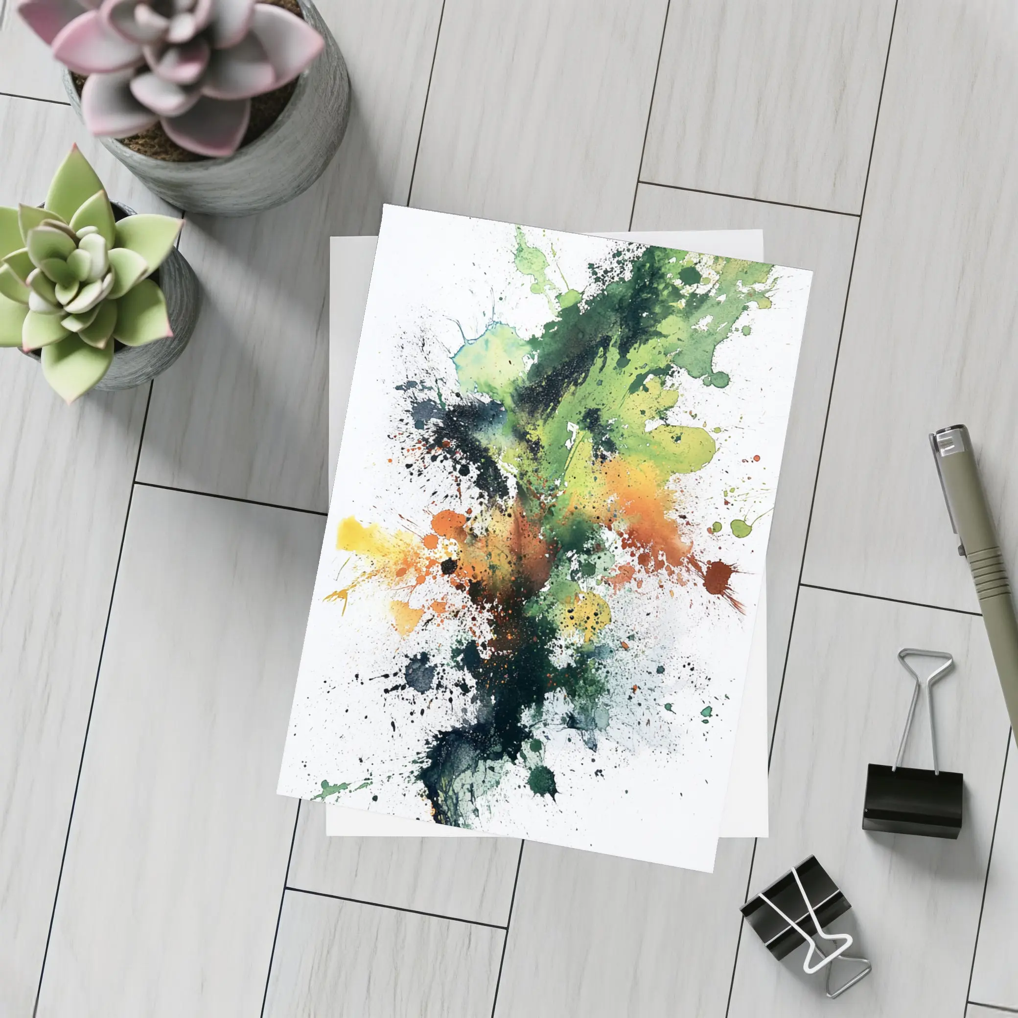Green Orange Black Abstract Ink Splash Art – Postcards