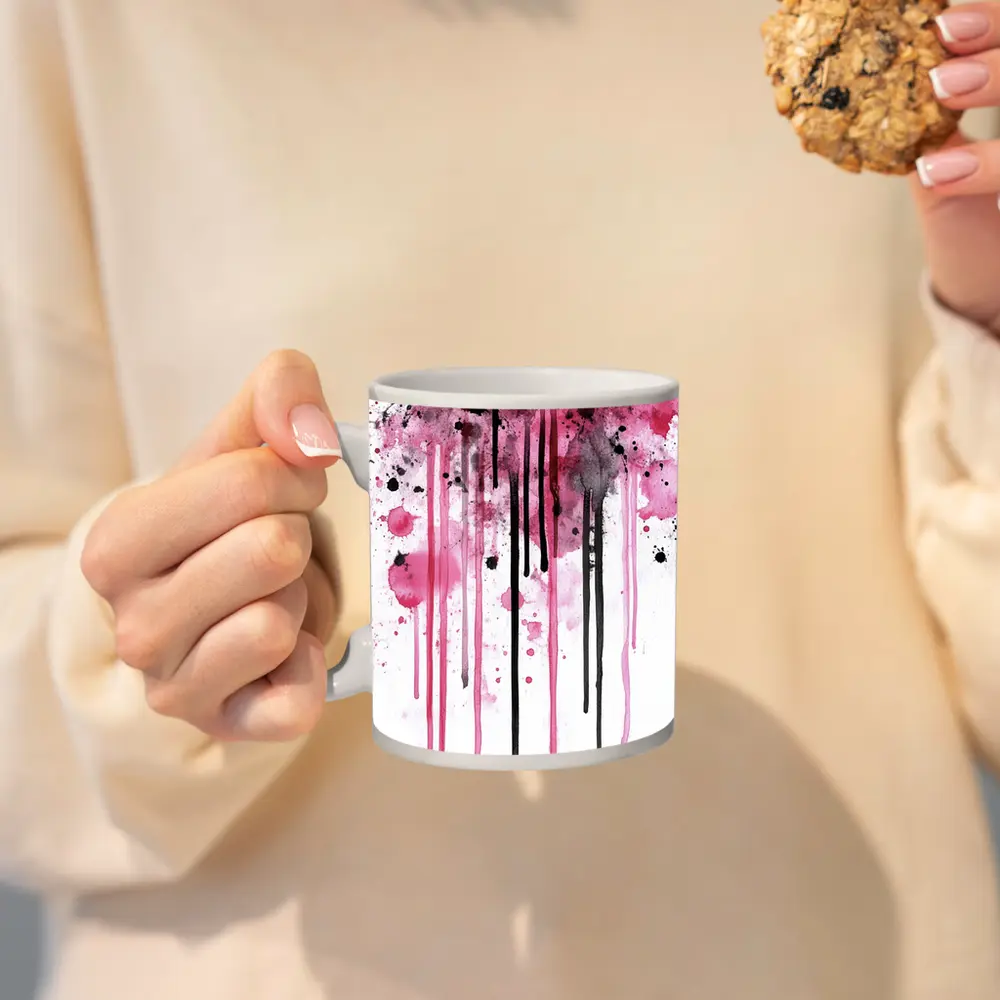 Pink Black Watercolor Drip Splash Art – Mugs