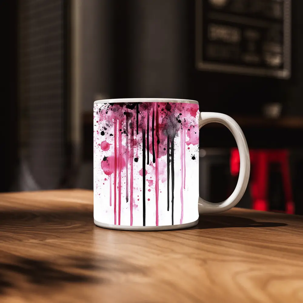 Pink Black Watercolor Drip Splash Art – Mugs