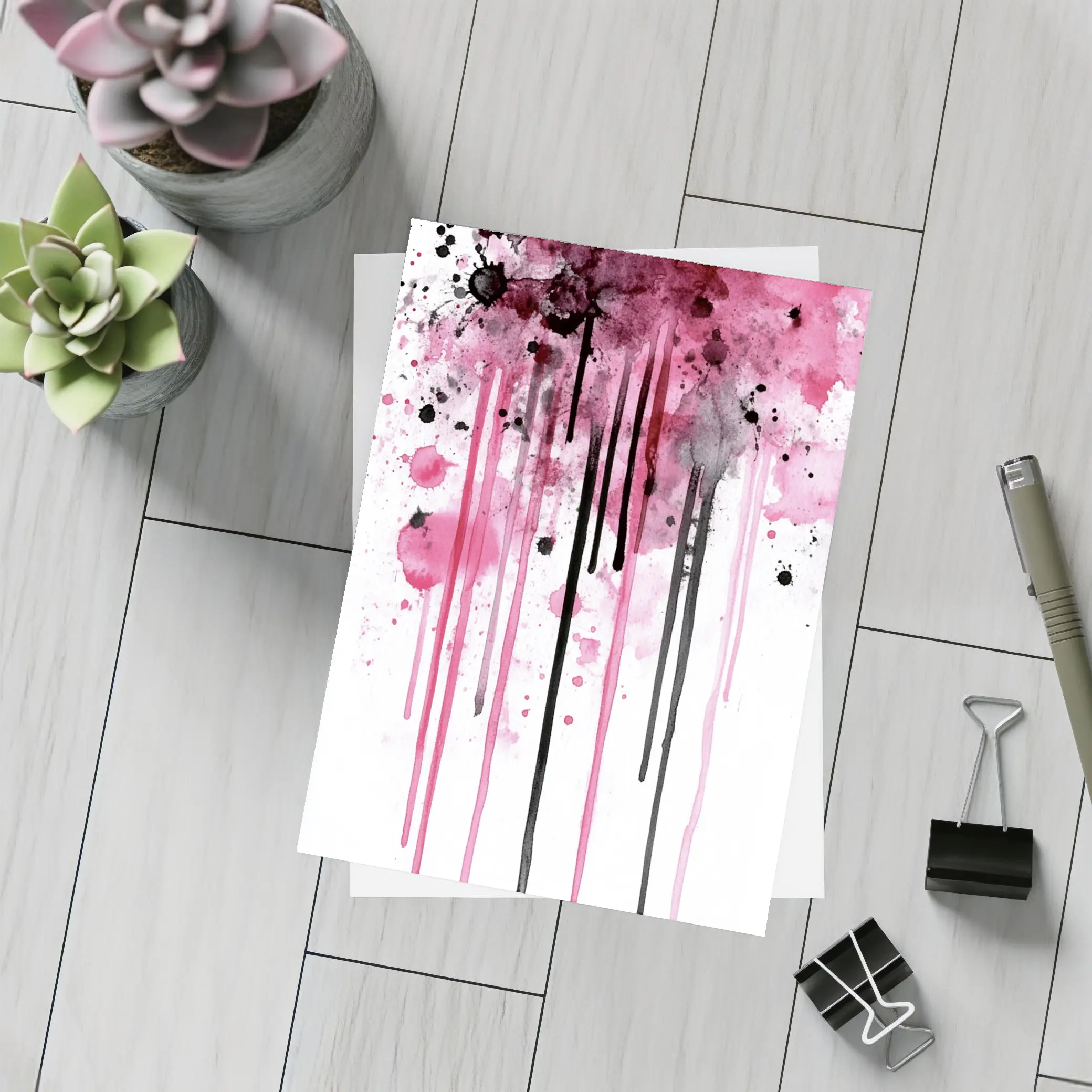 Pink Black Watercolor Drip Splash Art – Postcards