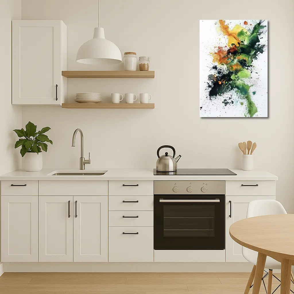 Abstract Green Orange Ink Splash White Background – Wall Art
