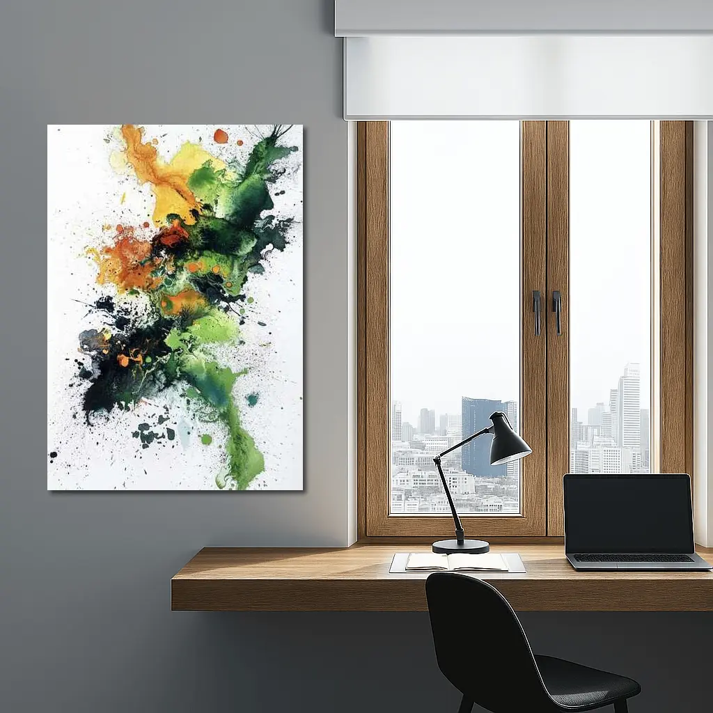 Abstract Green Orange Ink Splash White Background – Wall Art