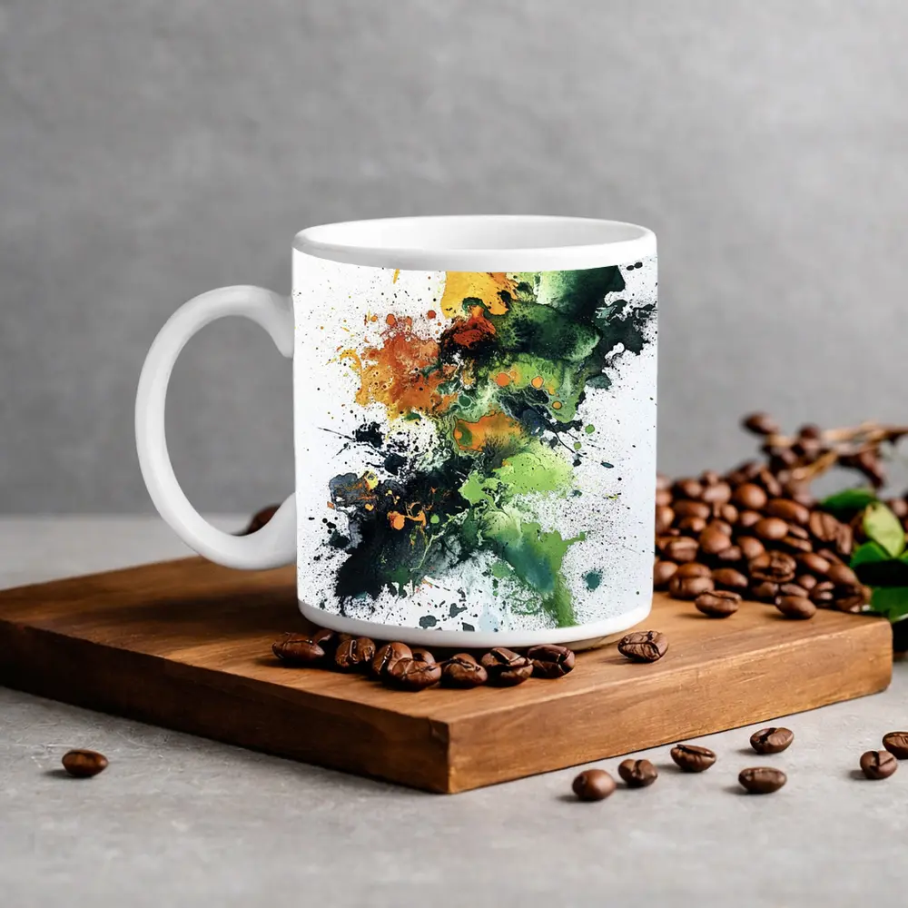 Abstract Green Orange Ink Splash White Background – Mugs