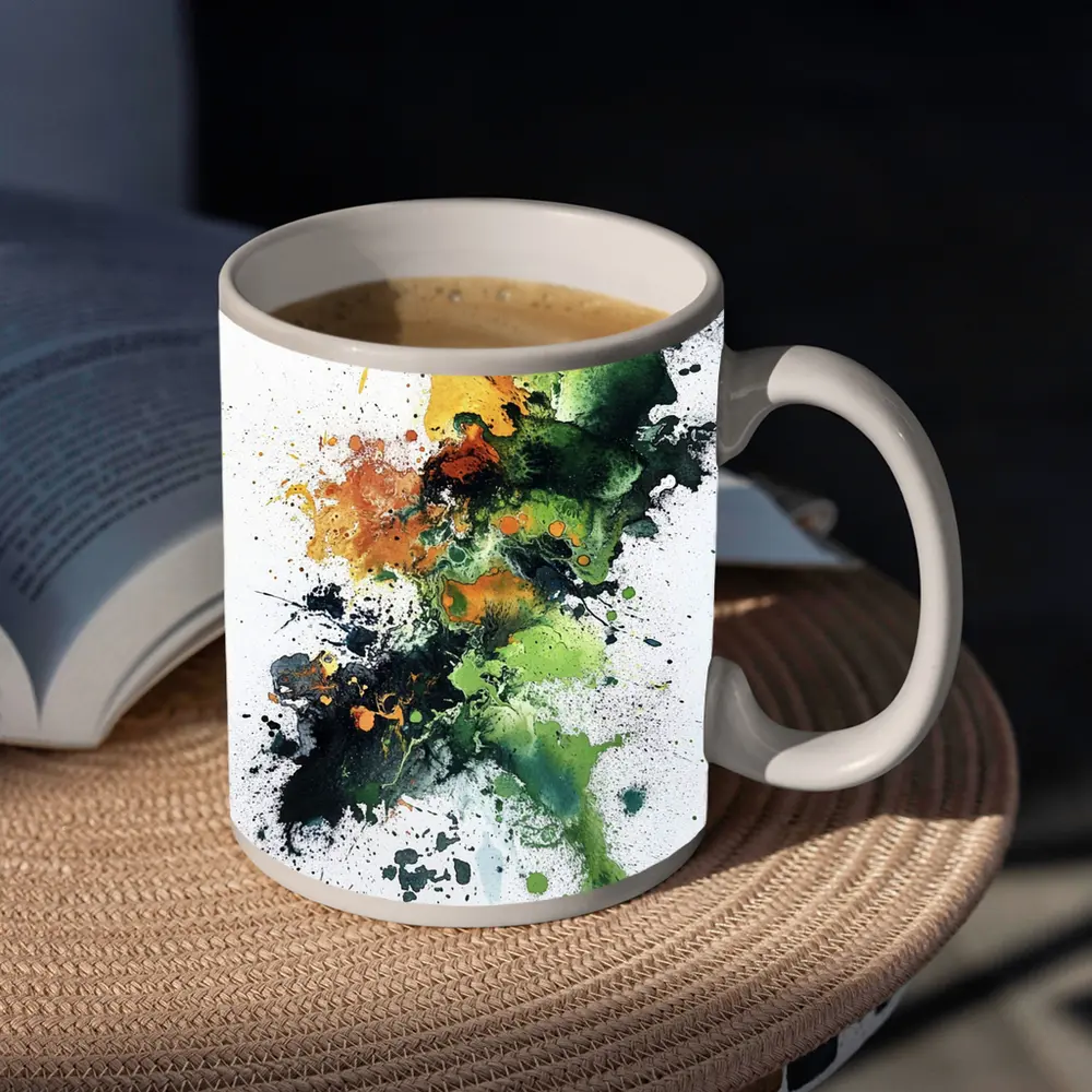 Abstract Green Orange Ink Splash White Background – Mugs