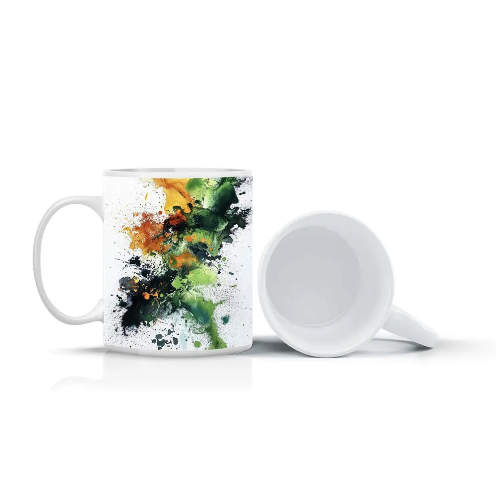 Abstract Green Orange Ink Splash White Background – Mugs