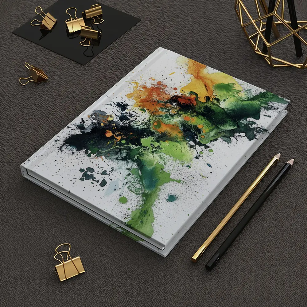 Abstract Green Orange Ink Splash White Background – Notebooks