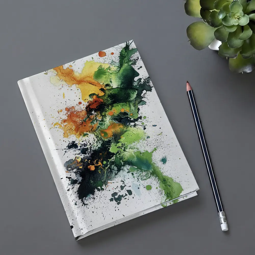 Abstract Green Orange Ink Splash White Background – Notebooks