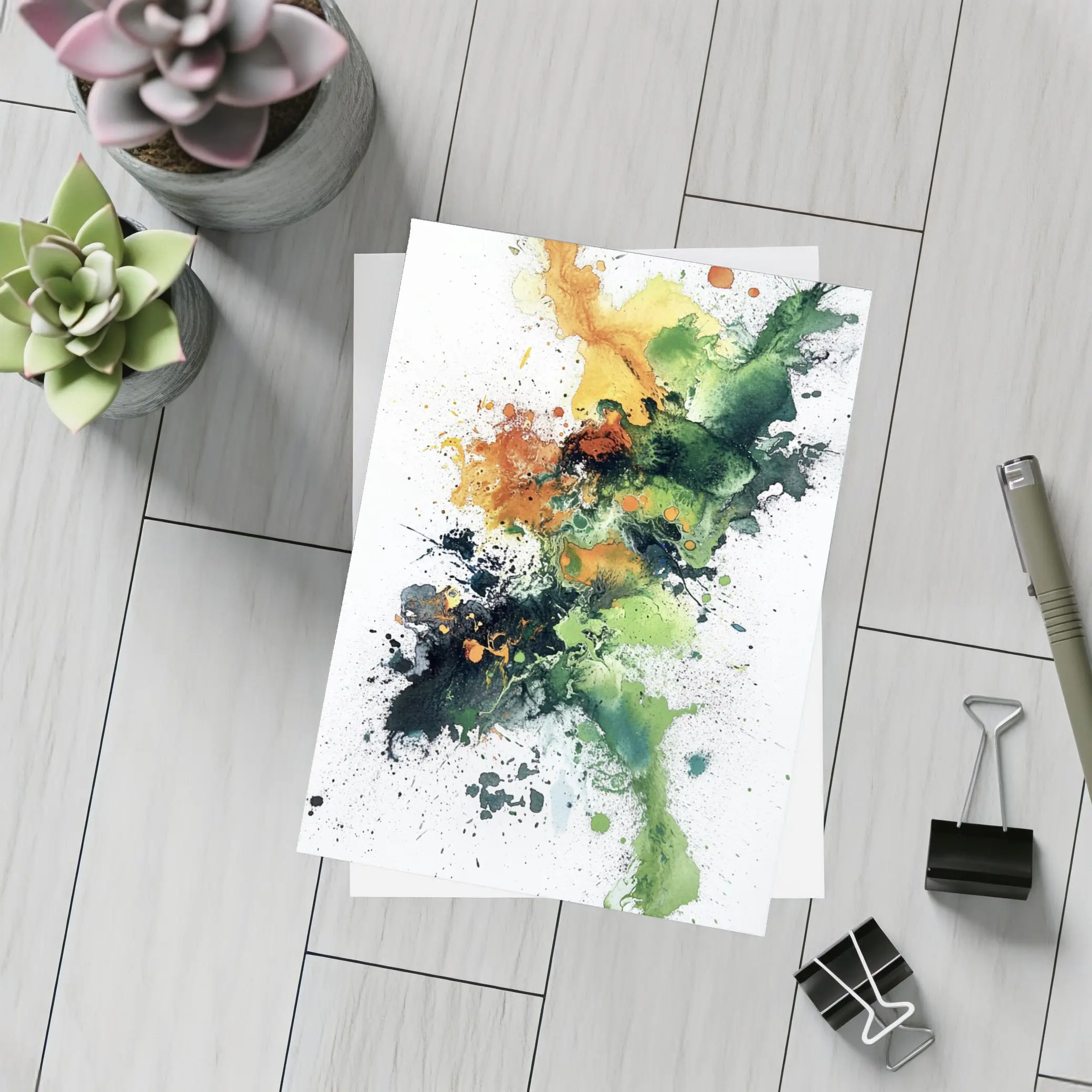 Abstract Green Orange Ink Splash White Background – Postcards