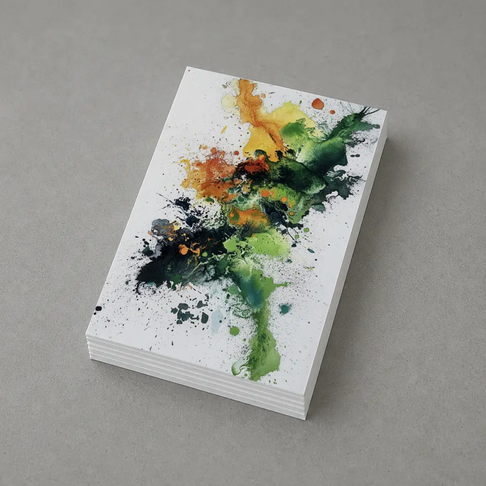 Abstract Green Orange Ink Splash White Background – Postcards