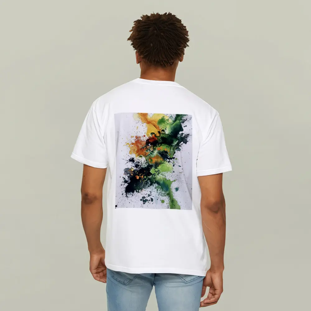 Abstract Green Orange Ink Splash White Background – T-Shirts