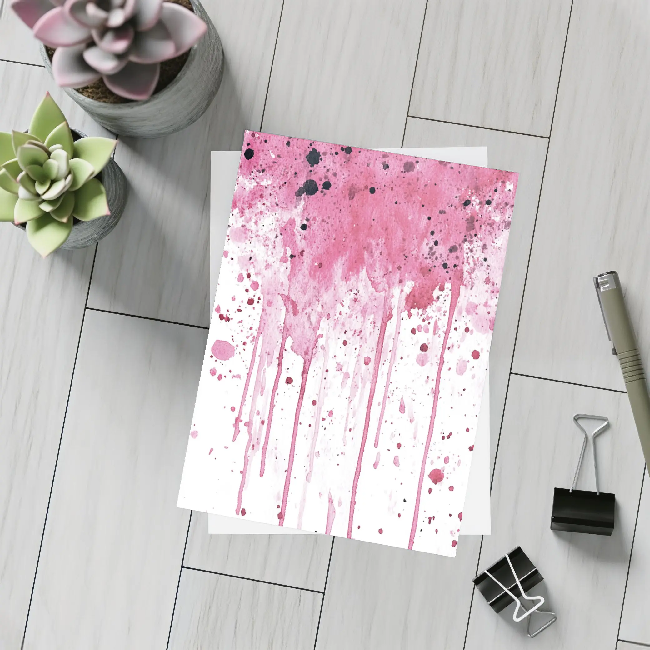 Pink Watercolor Splatter Drips White Background – Postcards