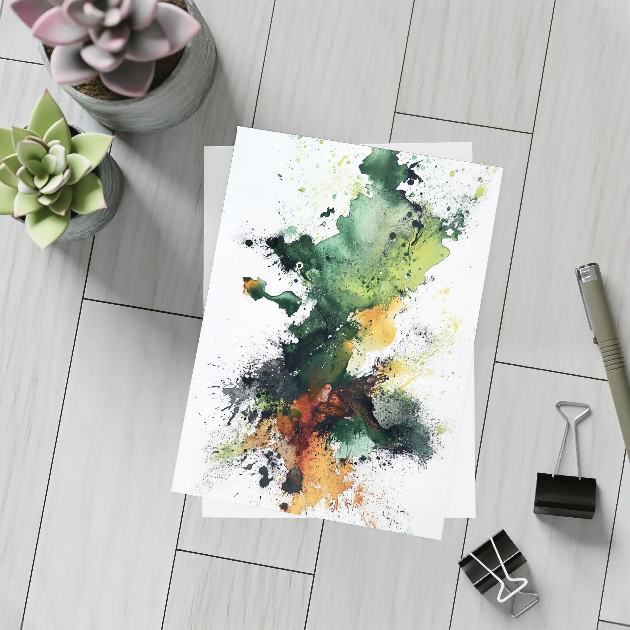 Green Orange Abstract Ink Splash Art – Postcards