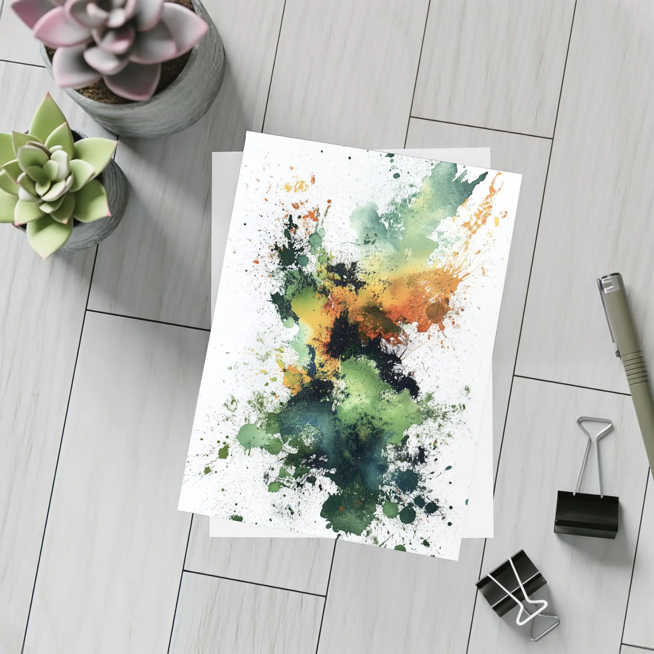 Green Orange Abstract Ink Splash Art – Postcards