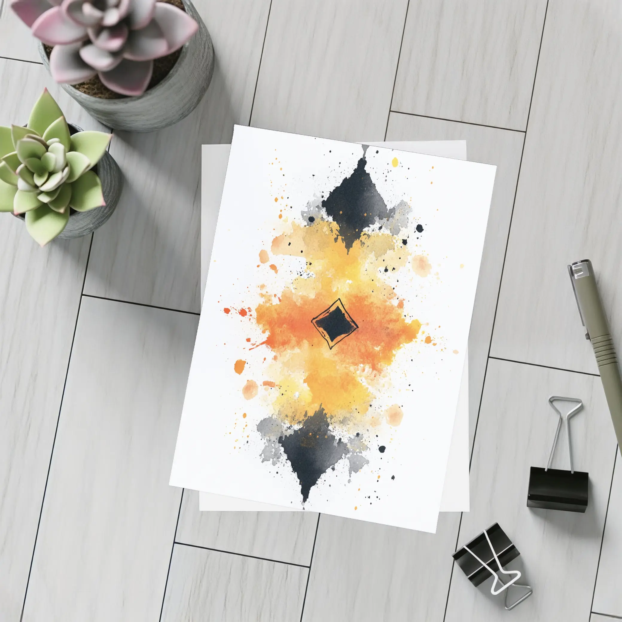 Abstract Watercolor Ink Splash Orange Black – Postcards