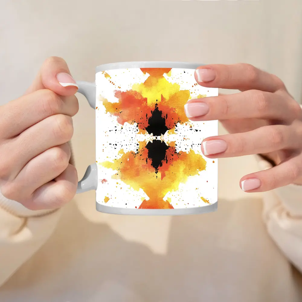 Orange Yellow Black Watercolor Abstract Symmetrical Art – Mugs