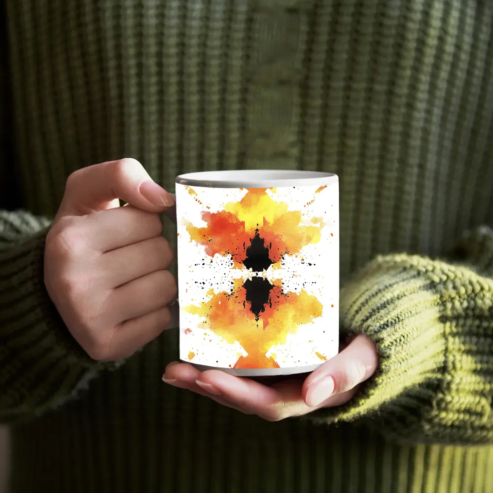 Orange Yellow Black Watercolor Abstract Symmetrical Art – Mugs