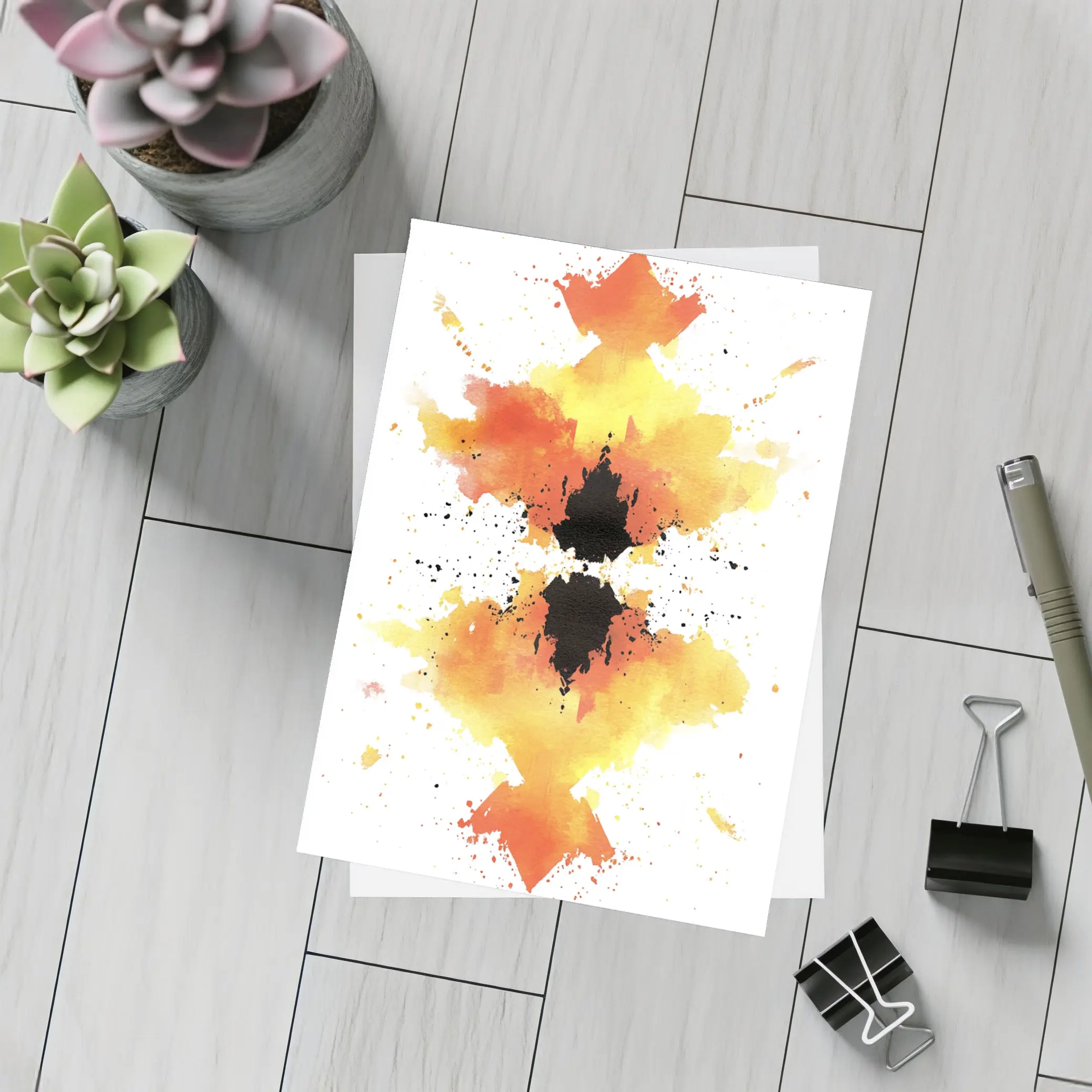 Orange Yellow Black Watercolor Abstract Symmetrical Art – Postcards