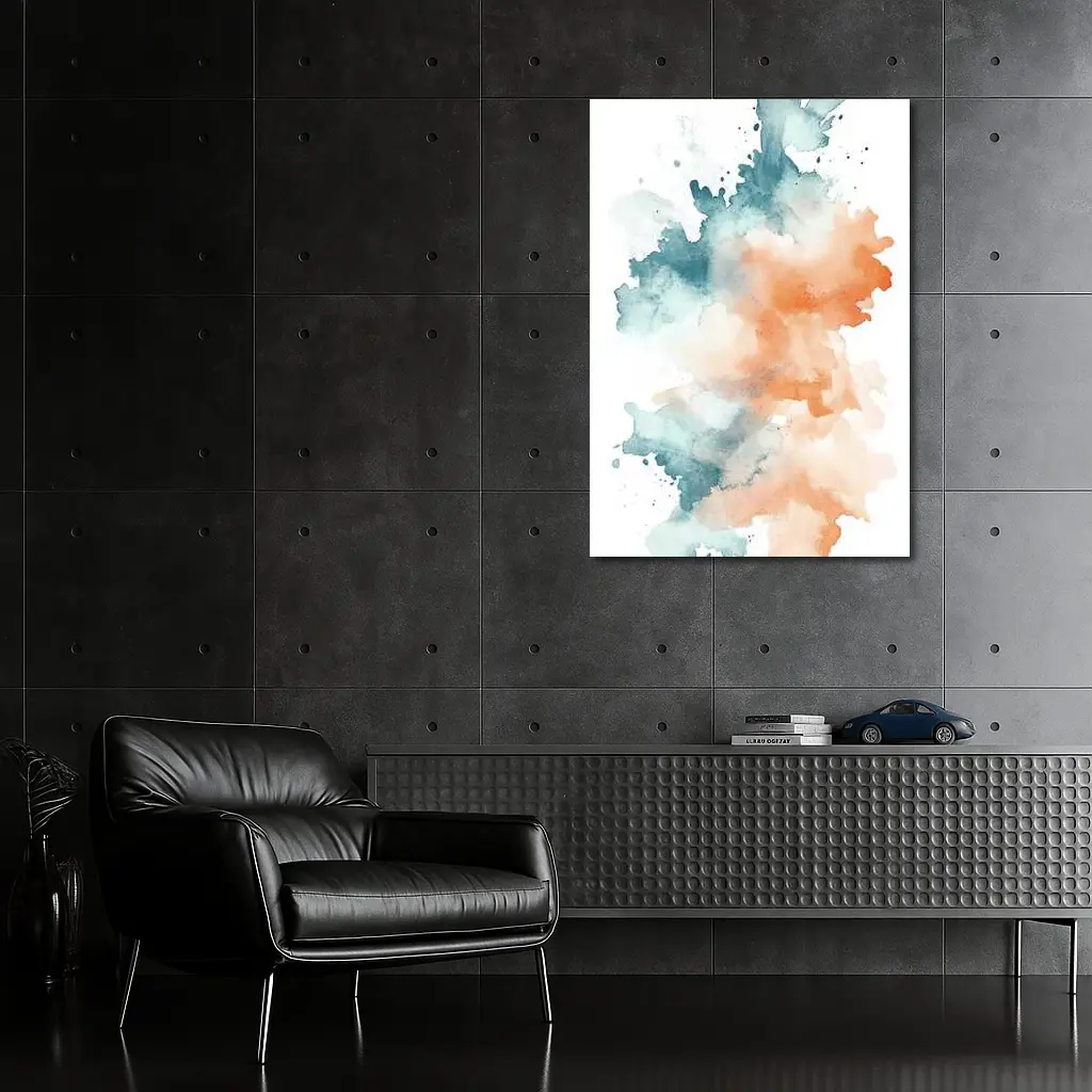 Teal Orange Watercolor Abstract Splash on White – Wall Art