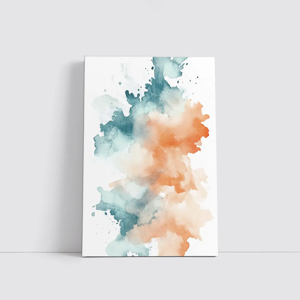Teal Orange Watercolor Abstract Splash on White – Wall Art