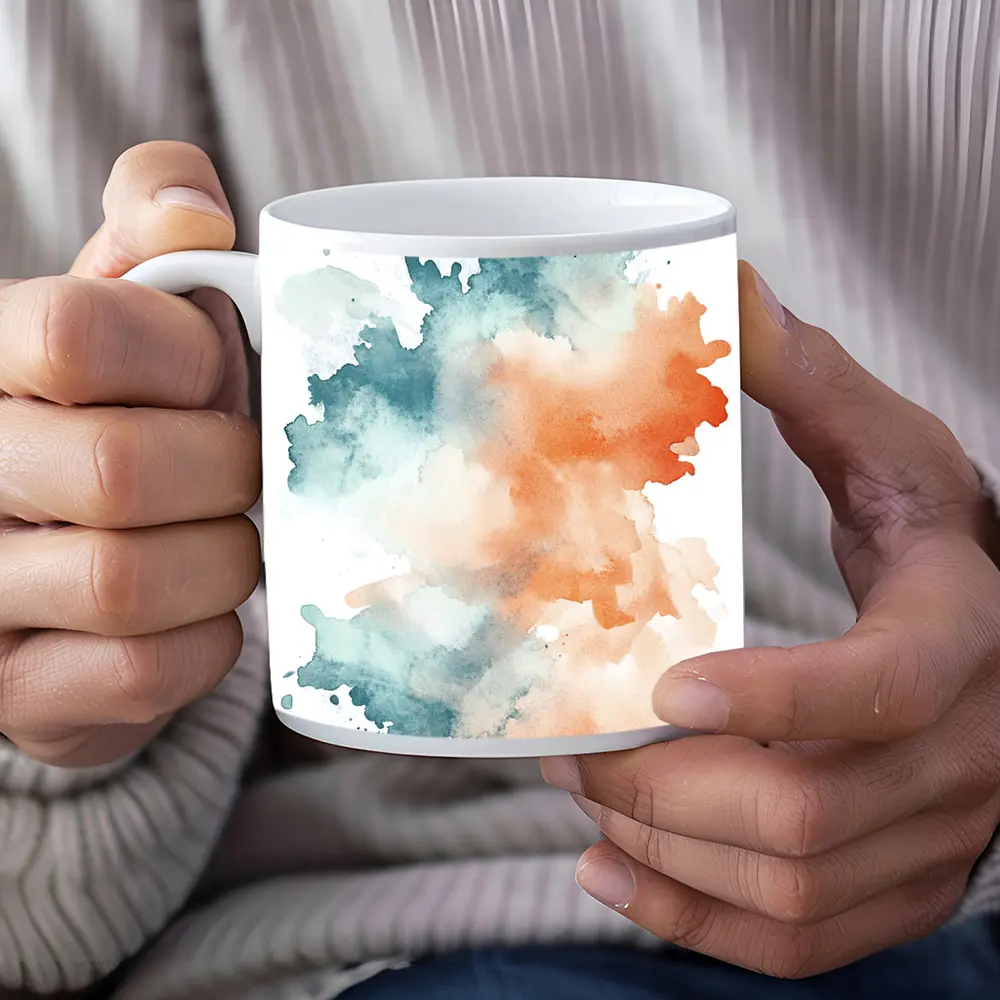 Teal Orange Watercolor Abstract Splash on White – Mugs