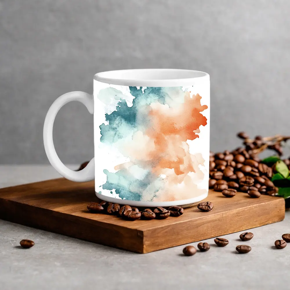 Teal Orange Watercolor Abstract Splash on White – Mugs
