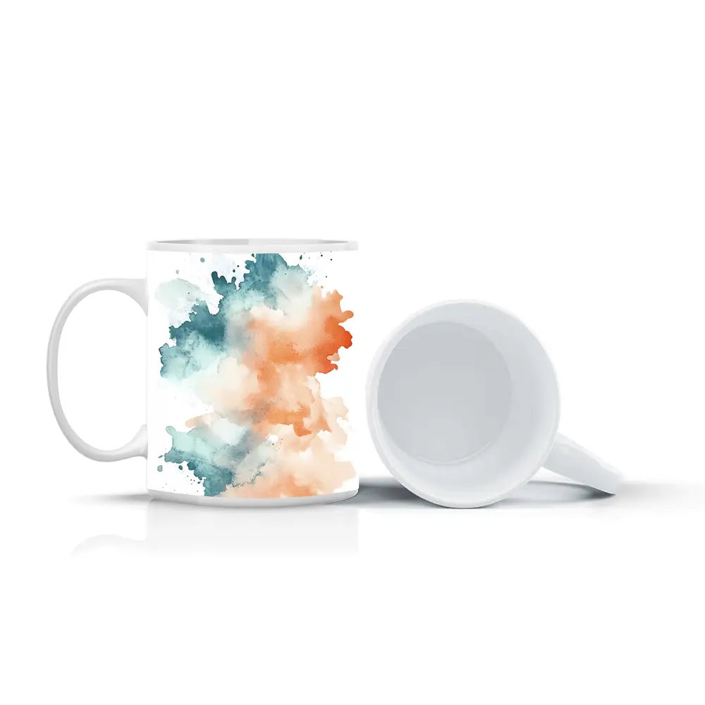 Teal Orange Watercolor Abstract Splash on White – Mugs
