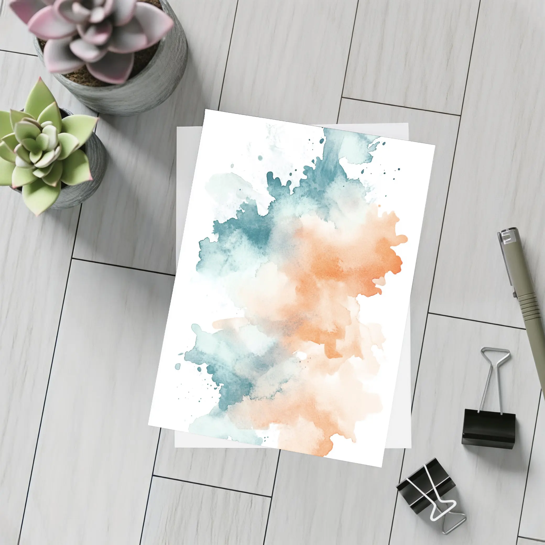 Teal Orange Watercolor Abstract Splash on White – Postcards