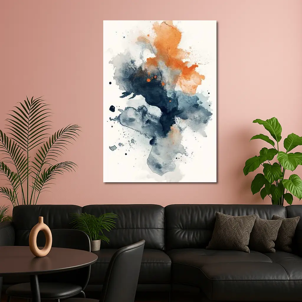 Navy Orange Abstract Watercolor Splash Art – Wall Art