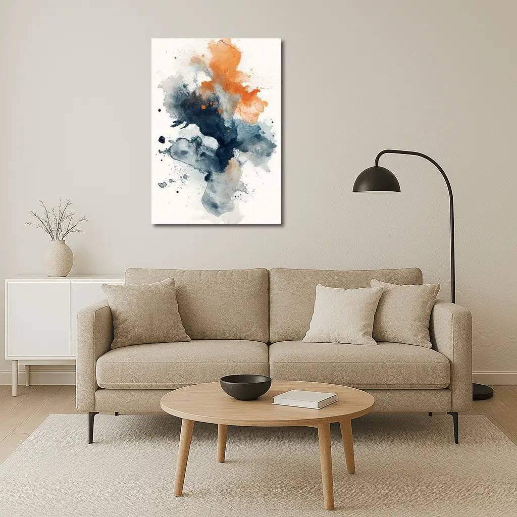 Navy Orange Abstract Watercolor Splash Art – Wall Art