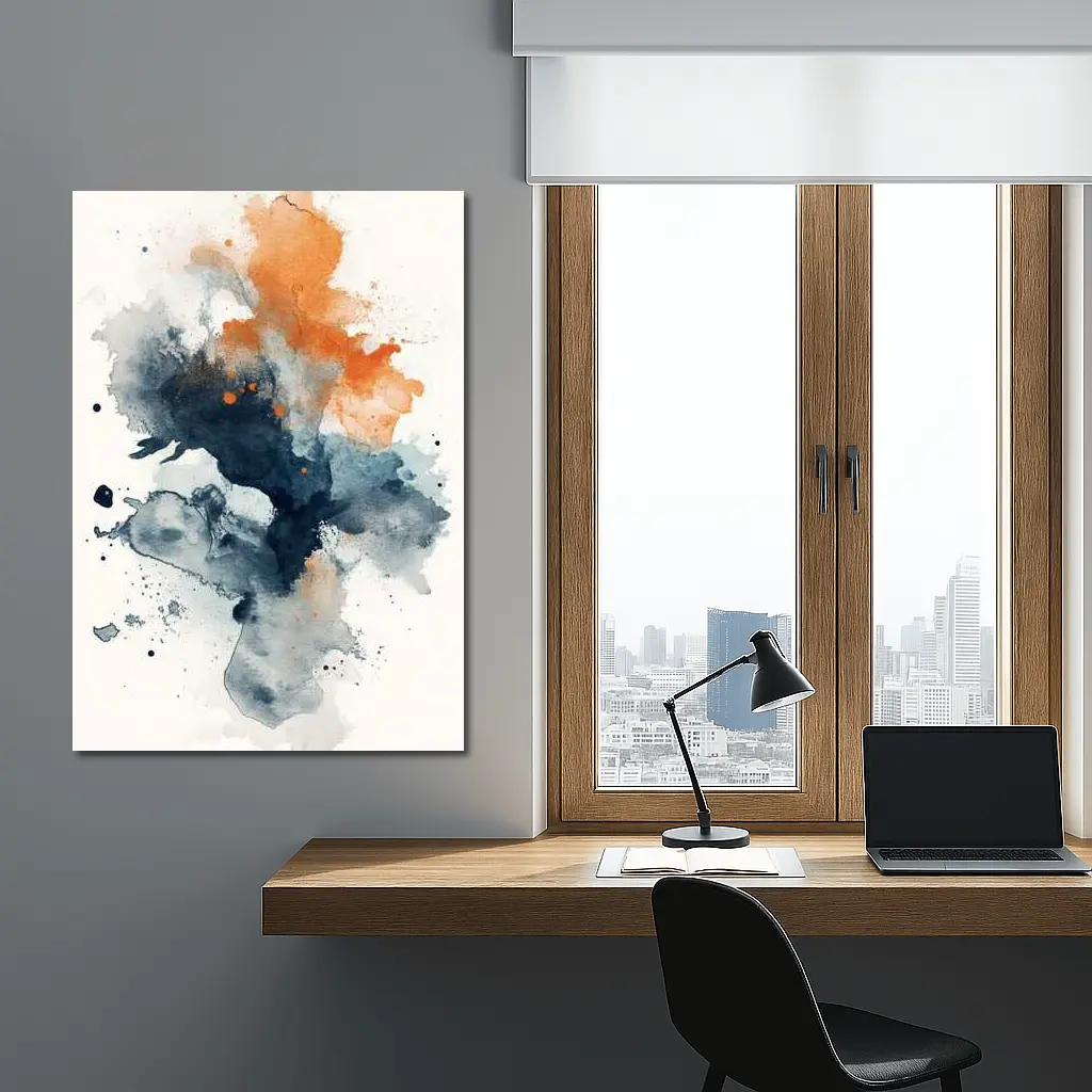Navy Orange Abstract Watercolor Splash Art – Wall Art