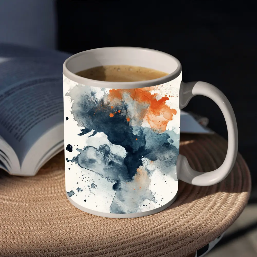 Navy Orange Abstract Watercolor Splash Art – Mugs