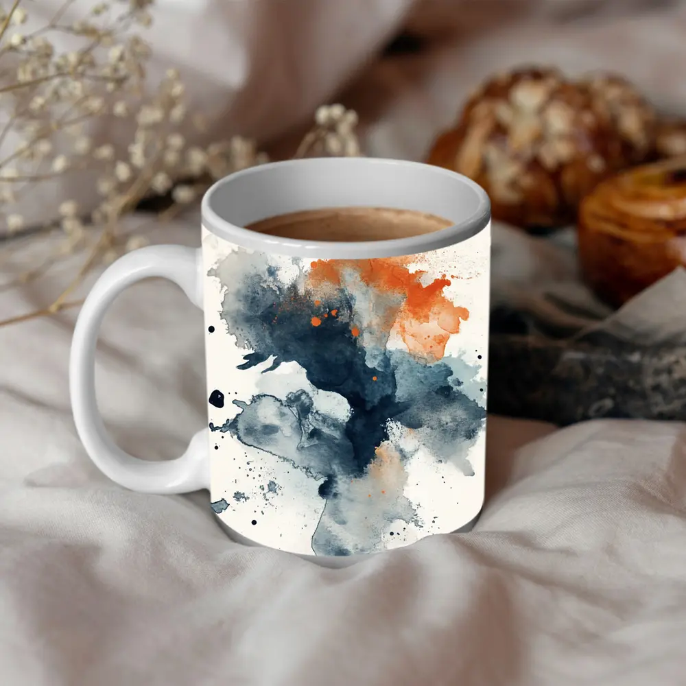 Navy Orange Abstract Watercolor Splash Art – Mugs