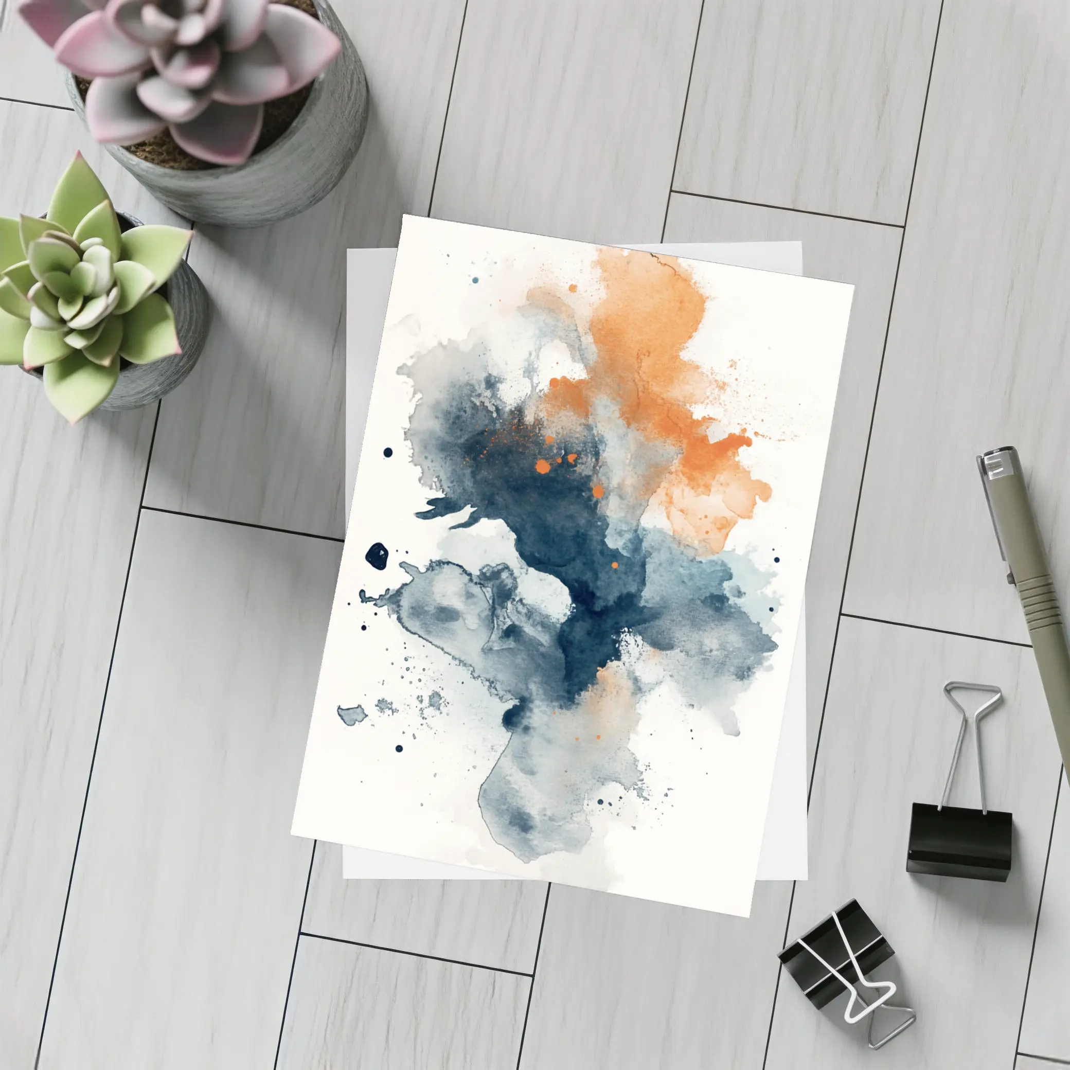 Navy Orange Abstract Watercolor Splash Art – Postcards