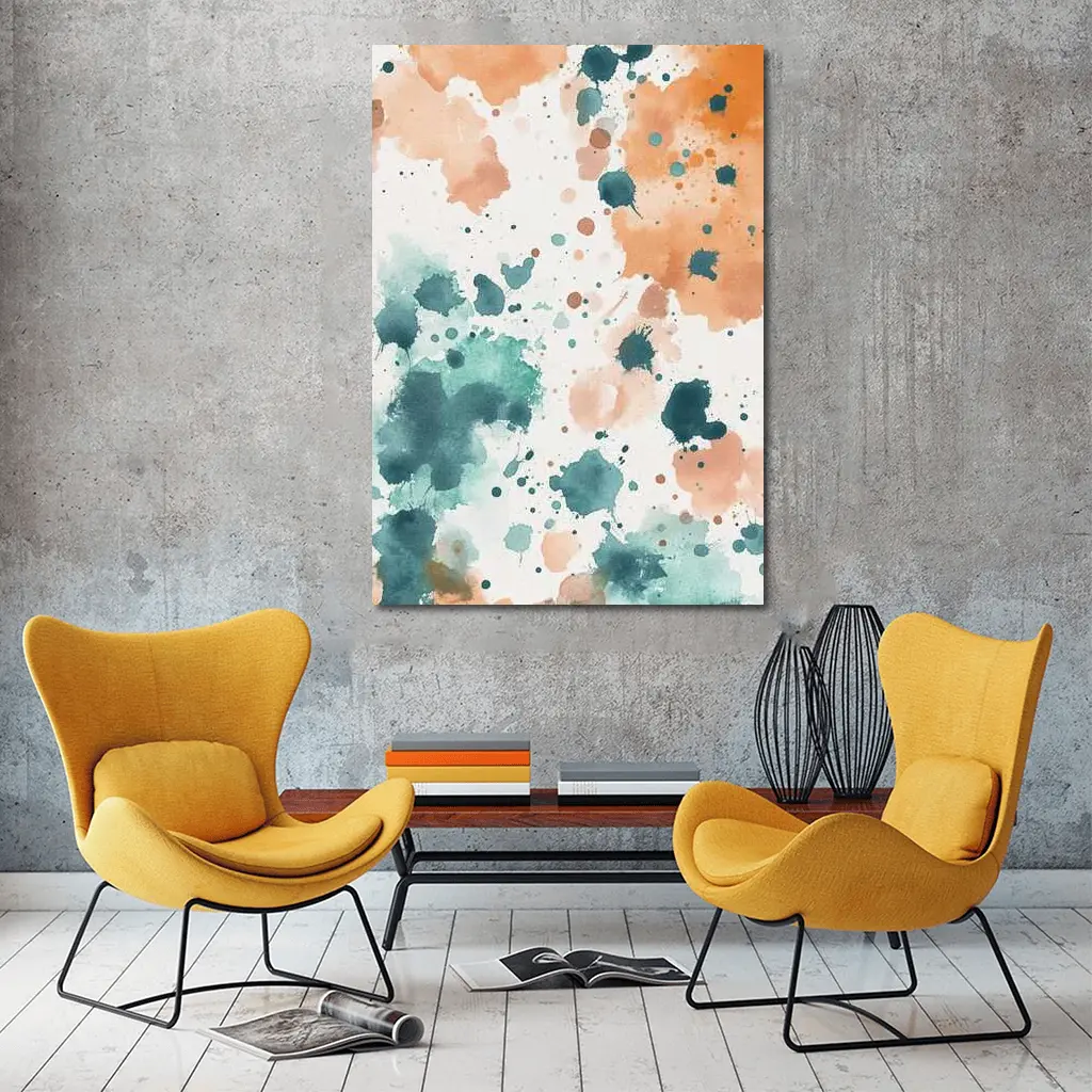 Teal Orange Watercolor Splatter Abstract Art – Wall Art
