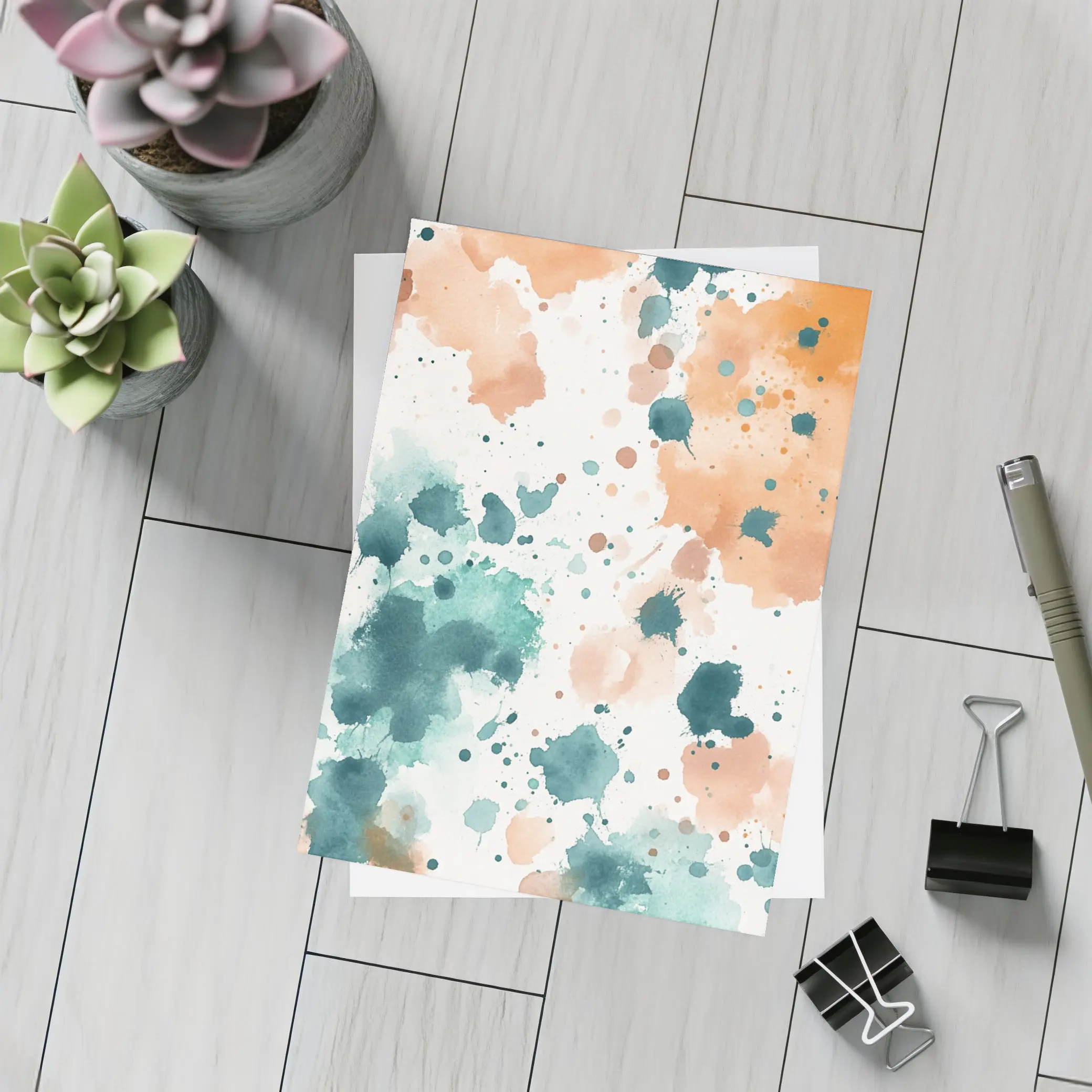 Teal Orange Watercolor Splatter Abstract Art – Postcards