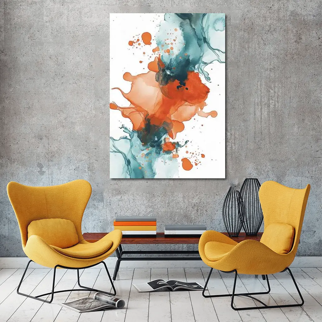 Orange Teal Abstract Watercolor Ink Splash Art – Wall Art