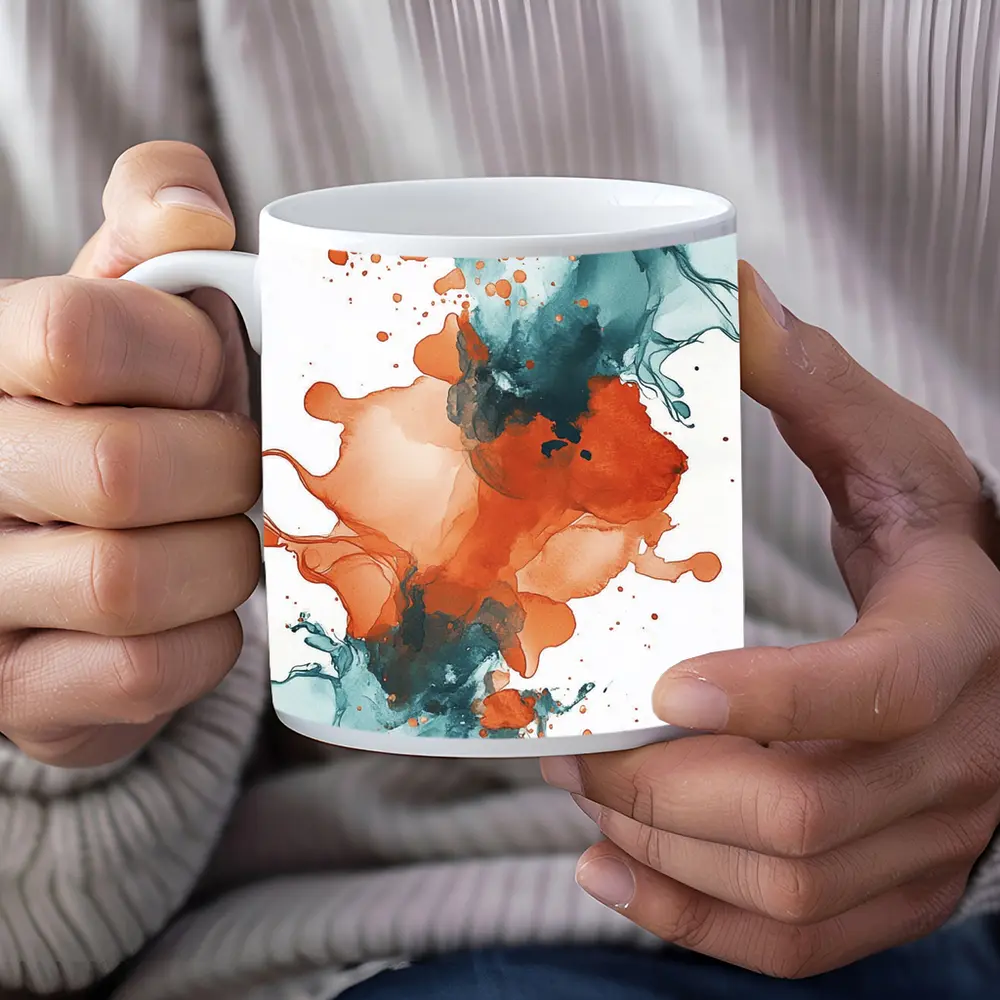Orange Teal Abstract Watercolor Ink Splash Art – Mugs
