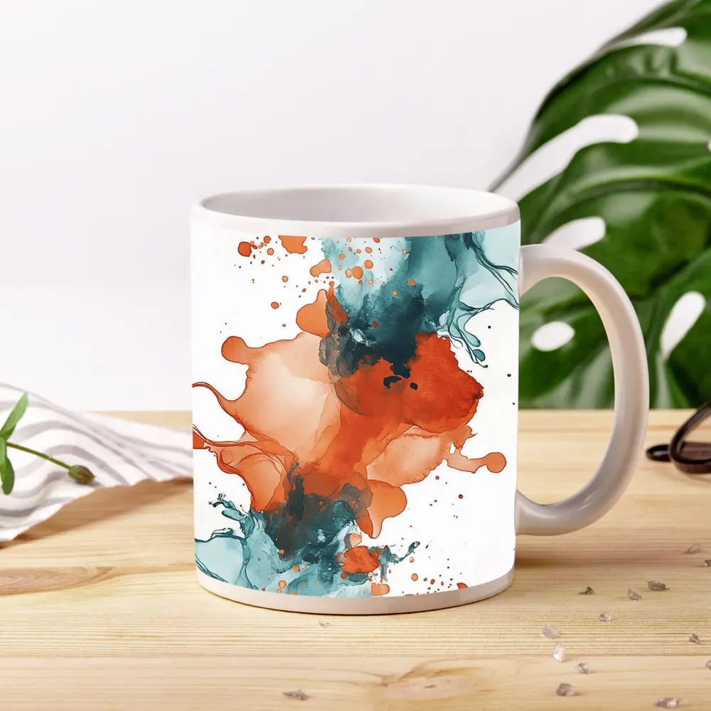 Orange Teal Abstract Watercolor Ink Splash Art – Mugs
