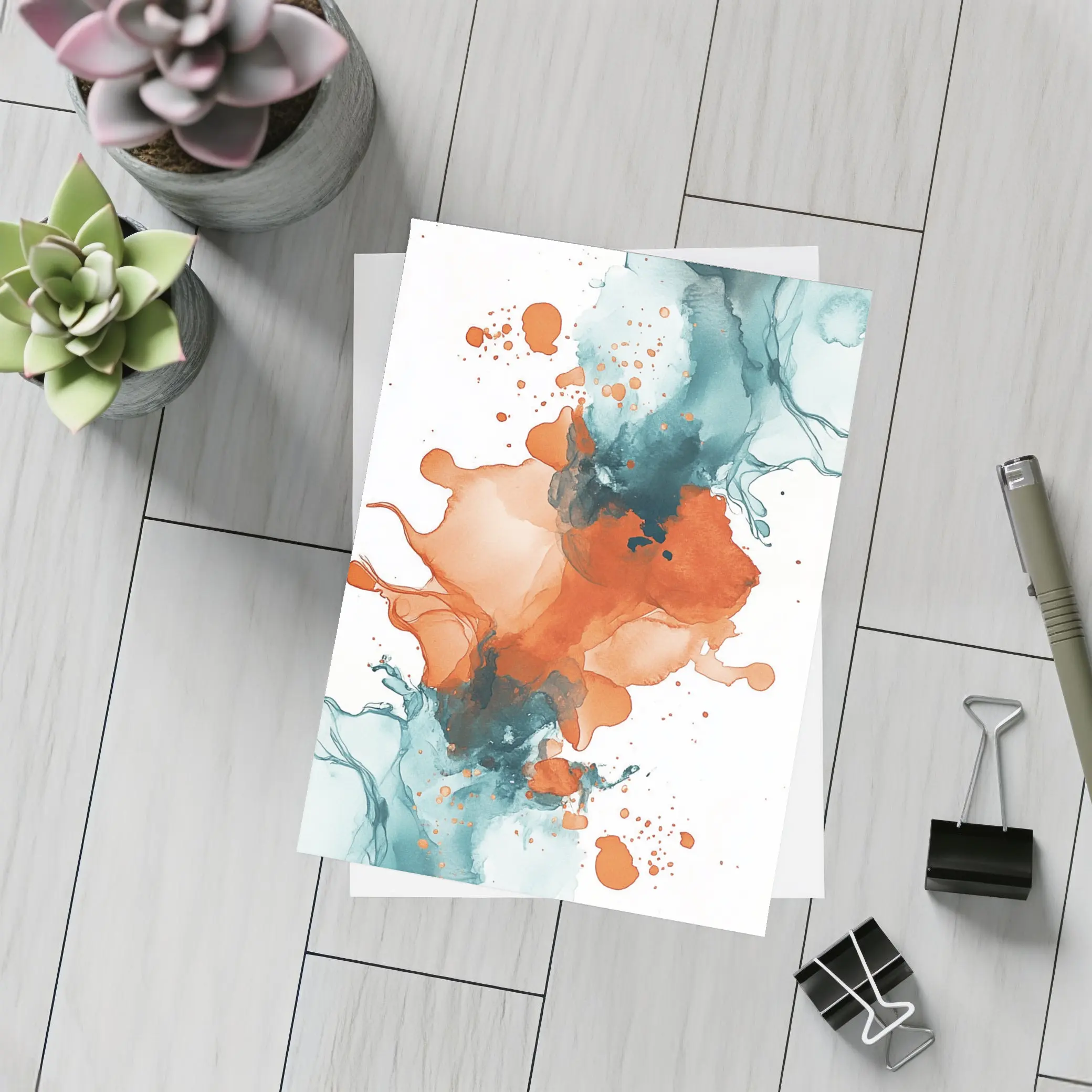 Orange Teal Abstract Watercolor Ink Splash Art – Postcards