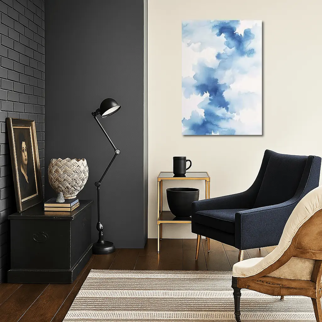 Blue Watercolor Abstract Clouds on White – Wall Art